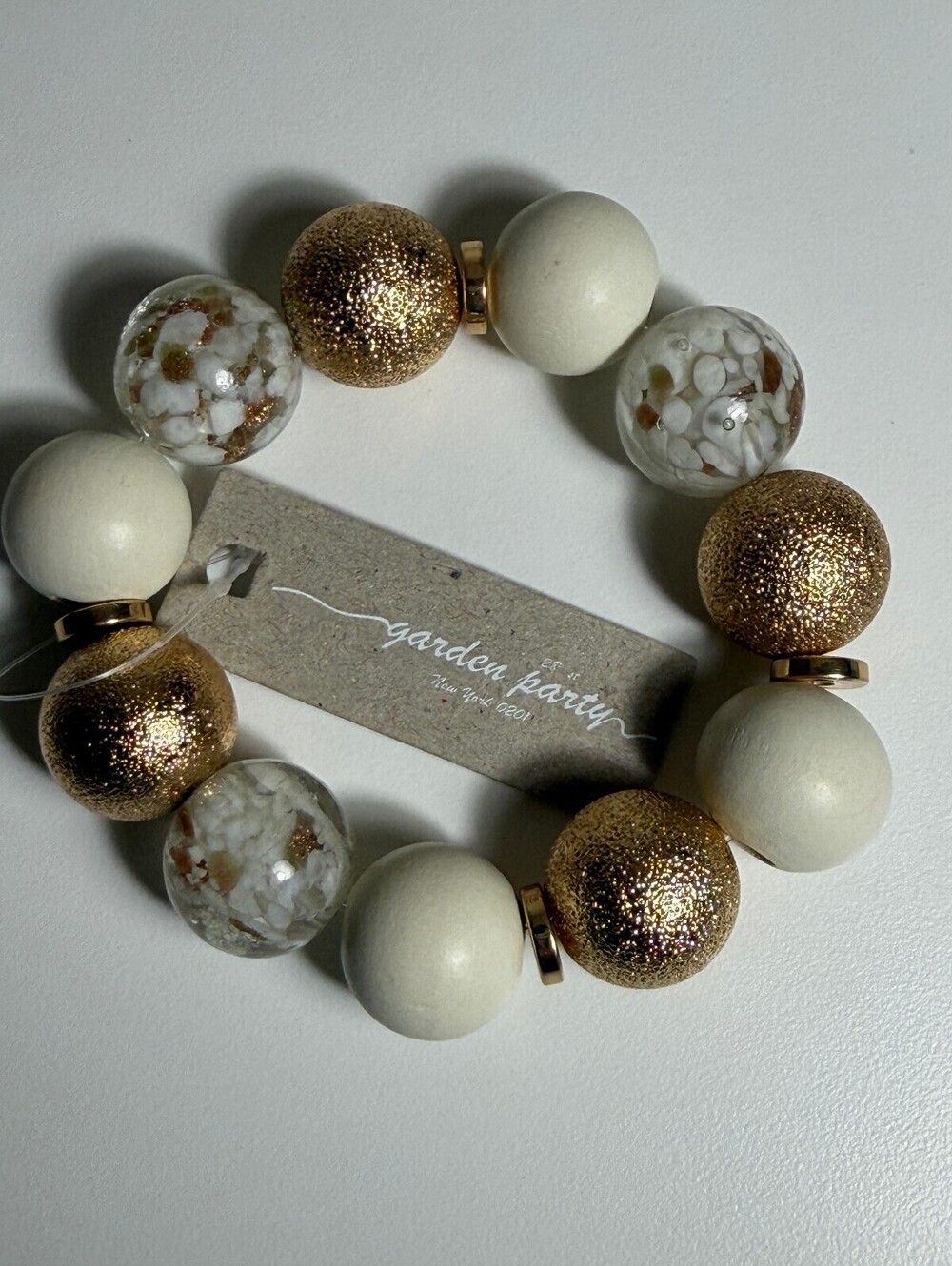 Garden Party Beaded Stretch Bracelet with Gold and White Beads